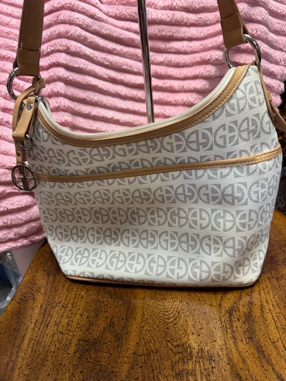 Giani Bernini Ivory‎ Logo-Print Shoulder Bag with Tan Trim